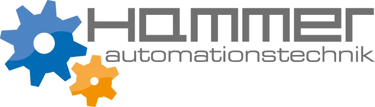 Logo der Hammer Automationstechnik GmbH. Neben zwei Zahnrädern in blau und orange ist der Schriftzug Hammer Automationstechnik zu sehen.