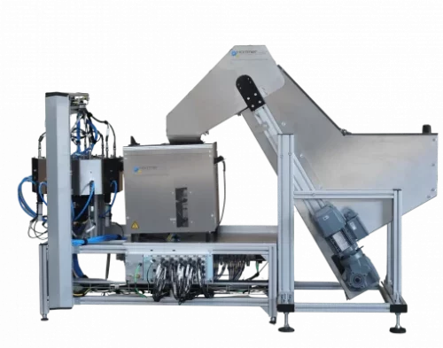 Zuführstation mit Stufenförderer, Bunker und Schraubenvereinzelung.