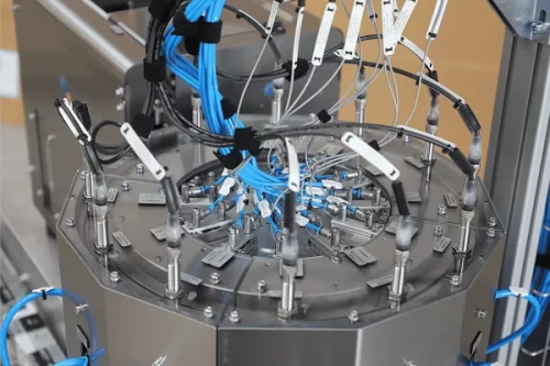 Stufenförderer mit Drehvereinzelung.