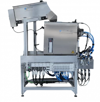 Zuführstation mit Stufenförderer, Füllbunker und 6-fach Schraubenvereinzelung.